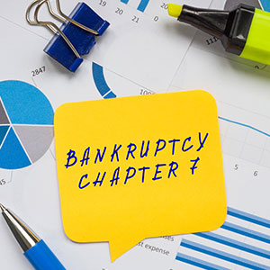 A yellow sticky note with BANKRUPTCY CHAPTER 7 on it, representing legal financial decisions.